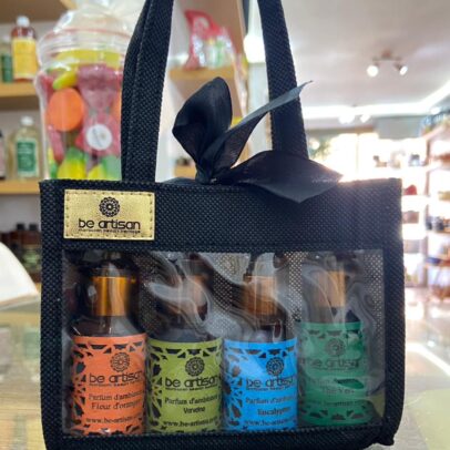 Coffret parfums ambiance marocains Be Artisan 4 flacons diffuseurs naturels sac noir